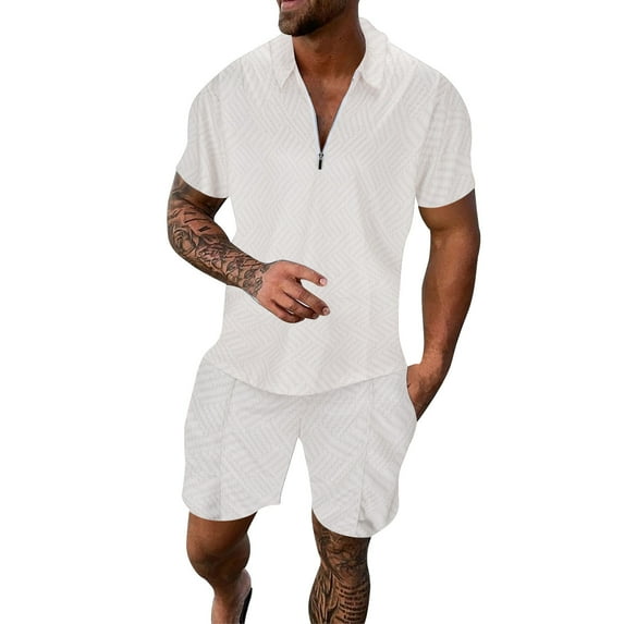 MNCEKFOD Mens Short Sets 2 Piece Outfits Summer Silm Fit Short Sleeves Zipper V Neck Shirts with Drawstring Shorts Leisure Tracksuit White XXXL