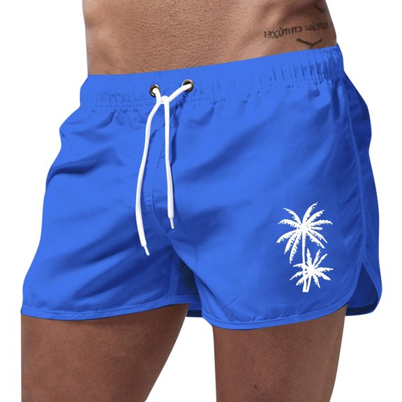 MNCEKFOD Swim Briefs for Men Summer Beach Sports Swimming Trunks Leisure Travel Polyester Coconut Tree Printed Swimwear Blue L