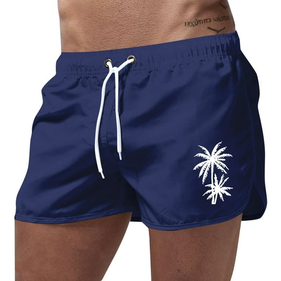 MNCEKFOD Mens Swim Trunks Quick Dry Elastic Drawstring Waist With Trendy Coconut Tree Printed Bathing Suits Navy L