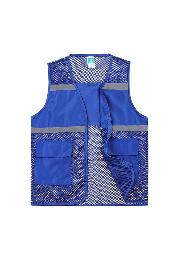 Mens Tank Tops Summer Trendy Solid Color Reflective Mesh Work Vest with Pockets Tank Top Blue L