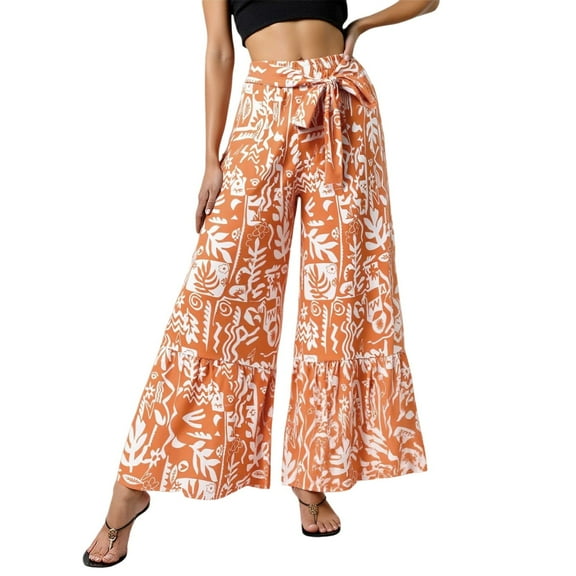MNCEKFOD Palazzo Pants for Women Casual Boho Wide Leg Flowy Comfy Stylish Printed for Beach Vacation Daliy Wear Classic Fit Trousers Orange S