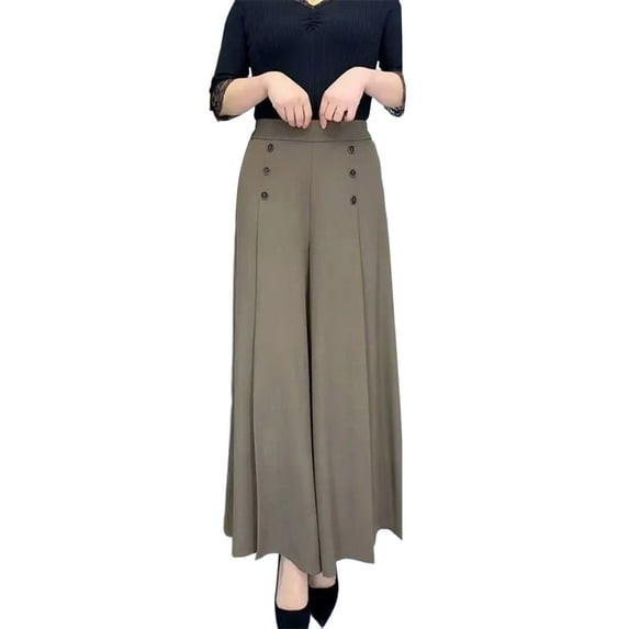 MNCEKFOD Palazzo Pants for Women Plus Casual Flowy Wide Leg Culotte Button Decoration Elastic Waist Loose Fit Modern Fit Leisure Trousers Coffee XXXL