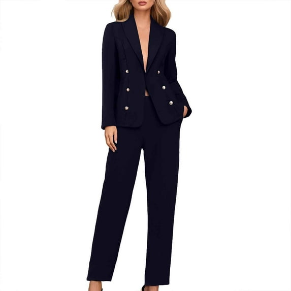 MNCEKFOD Pants Sets Women 2 Piece Outfits Button Down Dressy Suits Fitting Lapel Elegant Jacket Loose Fit Classic Fit Pants Suit Navy S