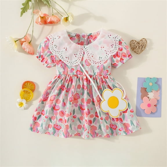 MNCEKFOD Peter Pan Collar Tulip Flower Print Ruffle Trim Princess Girls Dress For Toddler Kids Party Wear Girls Dresses Pink