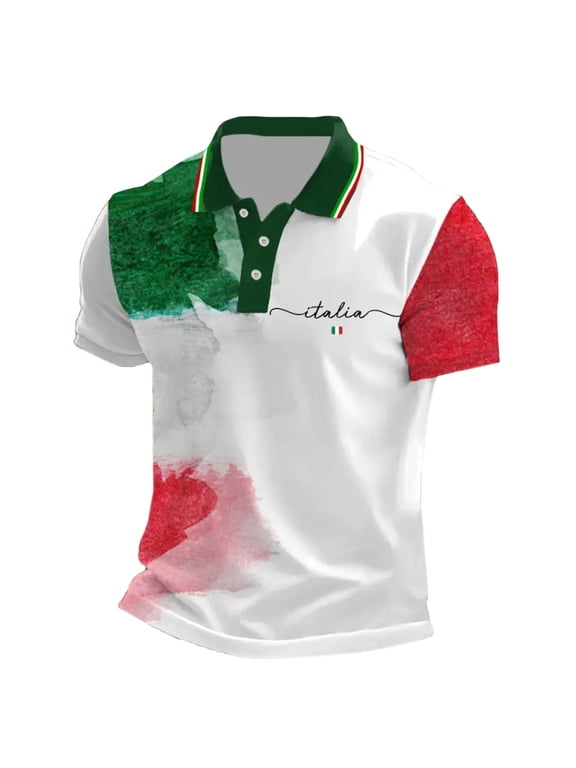 Polo Shirts For Men Stylish Italian Flag Printed Button Down Shirts Short Sleeve Classic Fit Mens Tee Shirt Green L