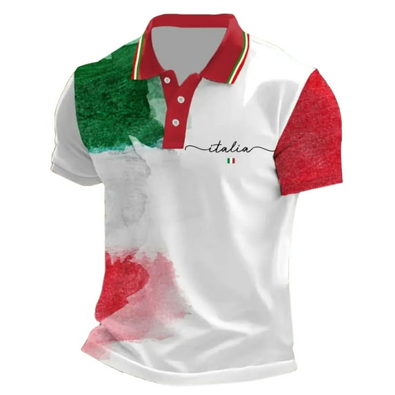 MNCEKFOD Polo Shirts For Men Stylish Italian Flag Printed Button Down Shirts Short Sleeve Leisure Mens Tops Red XXXL