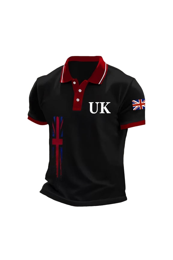 Polo Shirts For Men UK Flag Print Casual Bussiness Raglan Sleeve Button Lapel Lightweight Relaxed Fit Mens Tops Black L