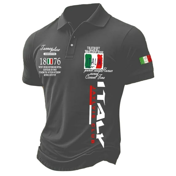 MNCEKFOD Polo Shirts for Men Loose Fit Button Down Collared Shirts Short Sleeve with Italy Flag Printed Classic Fit Mens Shirts Grey M