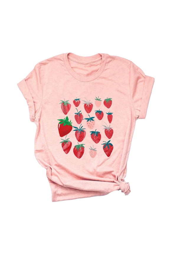 Short Sleeve Strawberry Blouses Women Crew Neck Print Soft For Outdoor Party And Street Wear Printed Tops