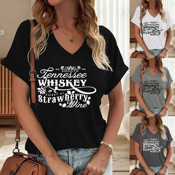 MNCEKFOD Short Sleeve V Neck Blouses Women Country Print Soft For Concert And Street Wear Printed Tops