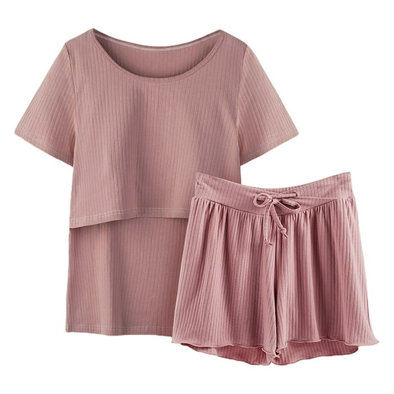 MNCEKFOD Shorts for Women Maternity Pleated Pajamas Suits Short Sleeve Sleepwear Nursing Tops with Relaxed Fit Short Pants Red M