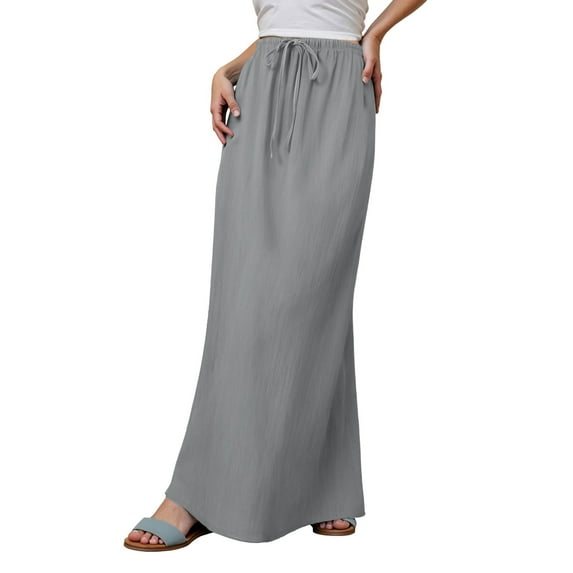 MNCEKFOD Skirts for Women Summer 2171 Boho Flowy Maxi Skirts Trendy Drawstring Waist Cute A Line Vacation Relaxed Fit Skirt Grey L