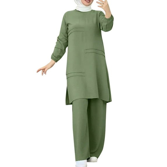 MNCEKFOD Summer Dresses for Women 2025 Muslim 2 Pieces Sets Long Sleeve Button Down Shirt And Pants Abaya Dress Classic Fit Dress Green S