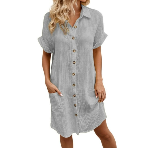 MNCEKFOD Summer Dresses for Women 2025 V Neck Button Down with Pockets Versatile Dress Short Sleeved Comfy Dress Grey XXL