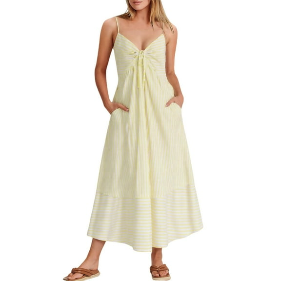 MNCEKFOD Summer Dresses for Women 2025 V Neck Sleeveless Backless Party Wedding Vacation Flowy A Line Classic Fit Dress Yellow S
