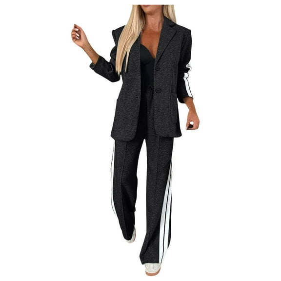 MNCEKFOD Summer Pants Sets Women 2 Piece Outfits Lapel Long Sleeve Casual Fall Loose Fit Jacket And Wide Leg With Pockets Relaxed Fit Pants Suit Black L
