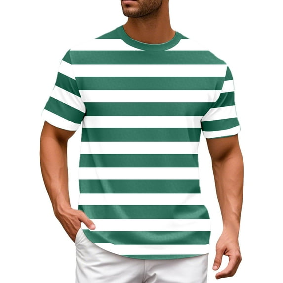 MNCEKFOD Summer T Shirts for Men 2025 Color Blocked Striped Sailor Striped Casual Trendy Round Neck Short Sleeved Classic Fit Mens Tee Shirt Green L2