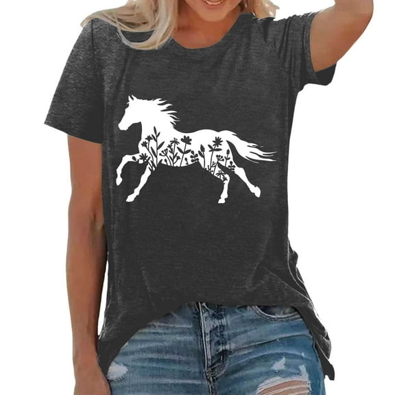 MNCEKFOD Summer Tops for Women Loose Fit Stylish Print Tshirts Crew Neck with Stylish Printed Leisure Tee Shirts Dark Gray S