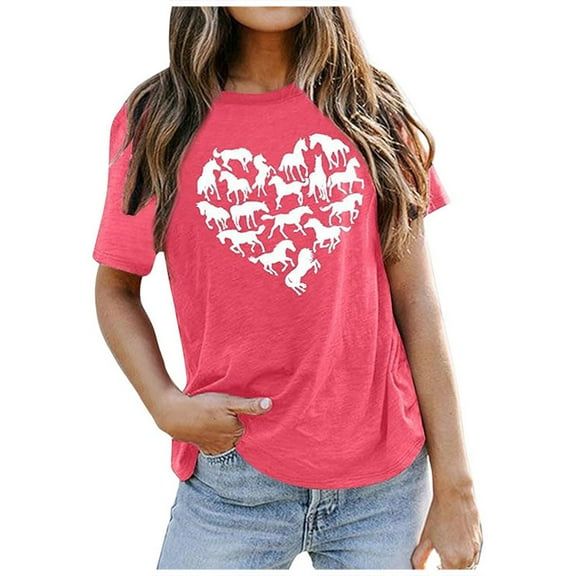 MNCEKFOD Summer Tops for Women Round Neck Short Sleeve Casual Tshirts with Stylish Pattern Leisure Tee Shirts Watermelon Red L