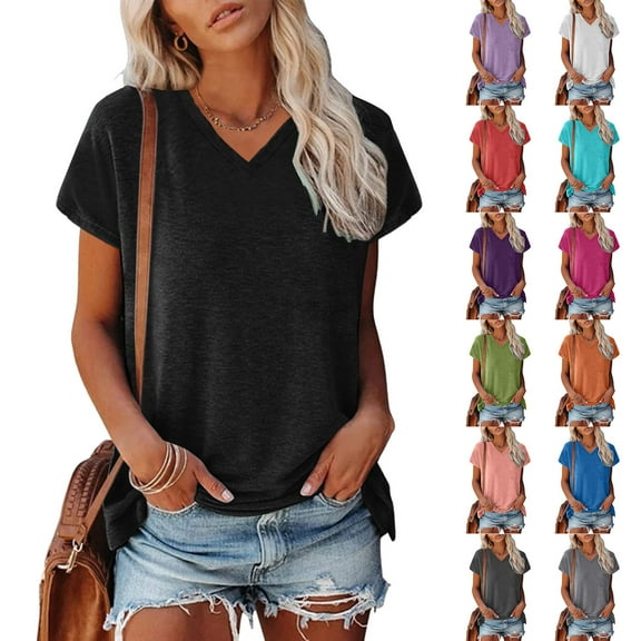 MNCEKFOD Summer Tops for Women Summer Cap Sleeve Casual Tshirts V Neck Solid Color Loose Fit Blouse Relaxed Fit Tee Shirts Hot Pink S