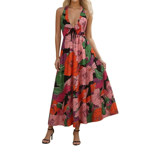 MNCEKFOD Sun Dresses for Women 2025 Vacation Floral Print Backless Elegant Maxi Dress A Line Vacation Night Out Cruise Classic Fit Dress Purple XL