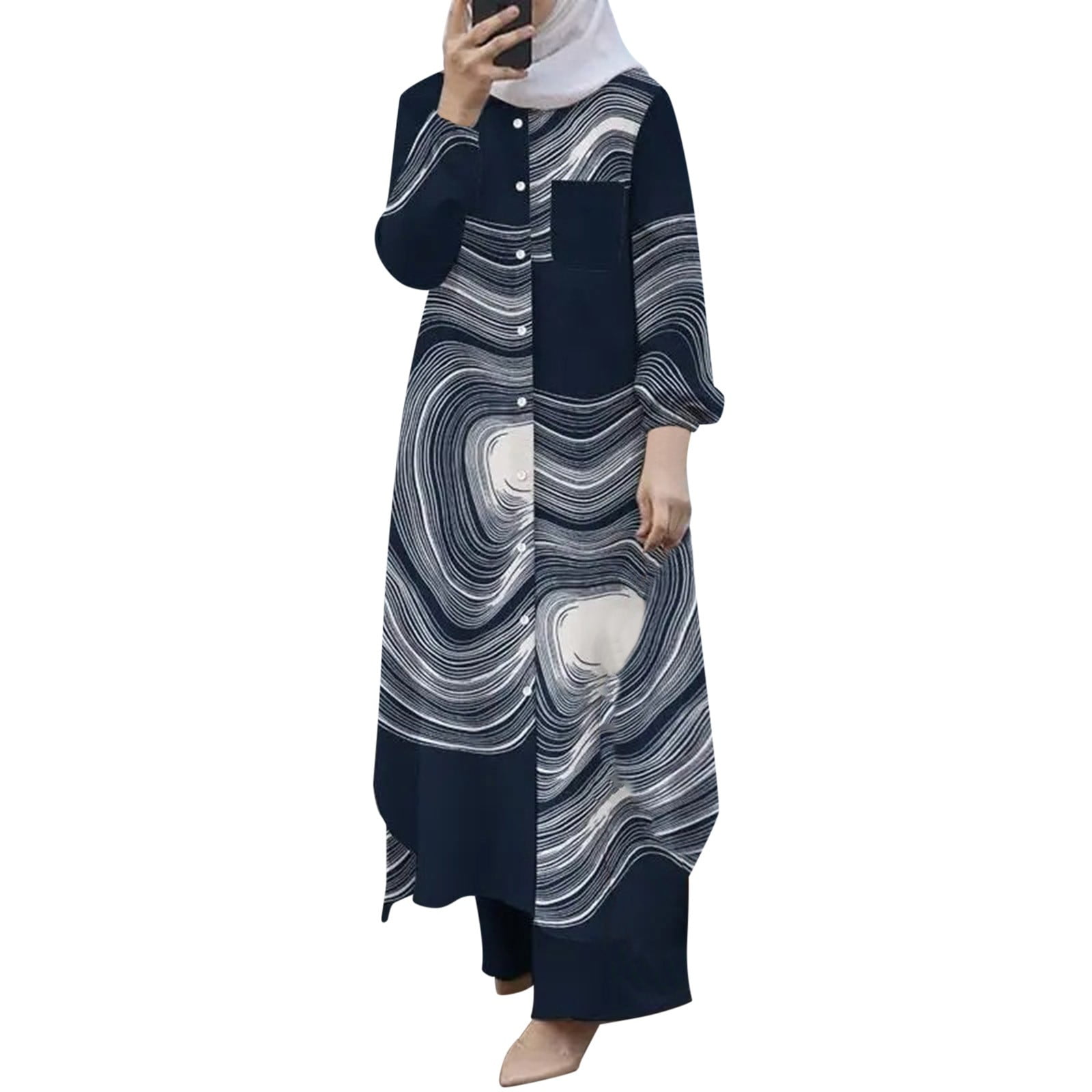 MNCEKFOD Sun Dresses for Women Plus 2025 Vacation 2 Pieces Sets Long Sleeve  Button Down Abaya Dress Dubai Outfits Classic Fit Dress Navy XXXL -  Walmart.com