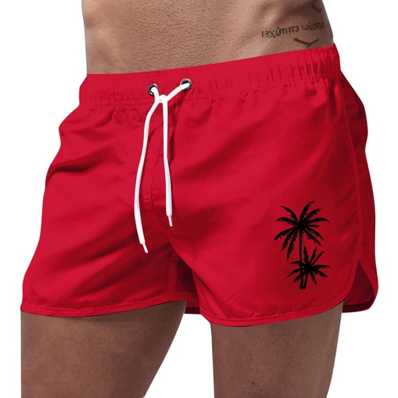 MNCEKFOD Swim Briefs for Men Quick Dry Elastic Drawstring Waist With Trendy Coconut Tree Printed Swimming Trunks Red XL