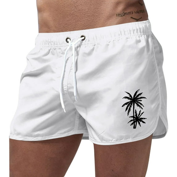 MNCEKFOD Swim Briefs for Men Summer Beach Sports Swimming Trunks Leisure Travel Polyester Coconut Tree Printed Swimwear White L