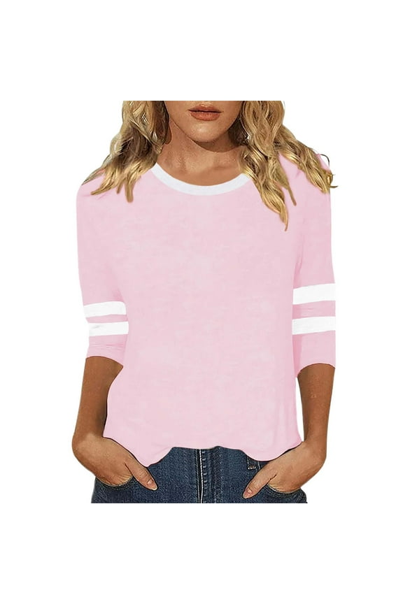 T Shirt for Womens Casual Trendy Striped Printed Tshirt Round Neck Elbow Length Sleeve Classic Fit Womens Tee Shirt Light Pink L