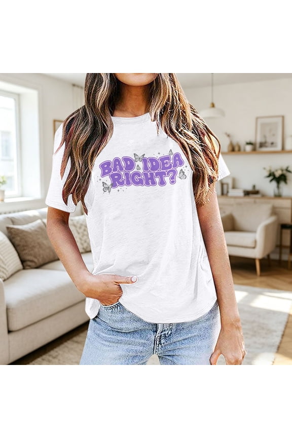 T Shirts For Women Graphic Bad Idea Right Printed Chest Top Retro Rock Music Fashion Tee Funny Graphic Design Purple Casual Concert Fan Summer T-Shirts White L