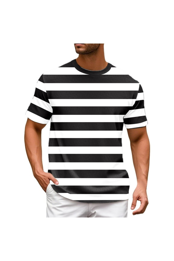 T Shirts for Men Color Blocked Striped Sailor Striped Casual Trendy Round Neck Short Sleeved Tee Shirt for Men Black L