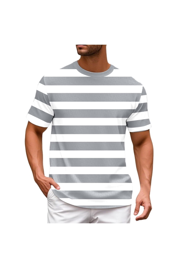 T Shirts for Mens Color Blocked Striped Sailor Striped Casual Trendy Round Neck Short Sleeved Classic Fit Mens Tee Shirt Grey M