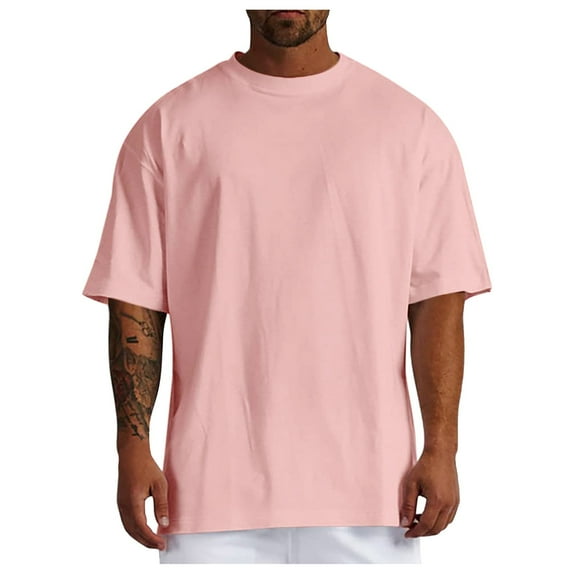 MNCEKFOD T Shirts for Mens Oversized Round Shoulder Sleeve Tshirts Crew Neck Solid Color Classic Fit Mens Tee Shirt Pink XL