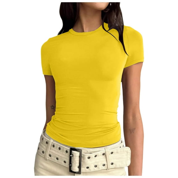 MNCEKFOD T Shirts for Women Summer 2025 Slim Fit Short Sleeve Tshirts Round Neck Crop Outing Layered Classic Fit Tee Shirts Yellow M