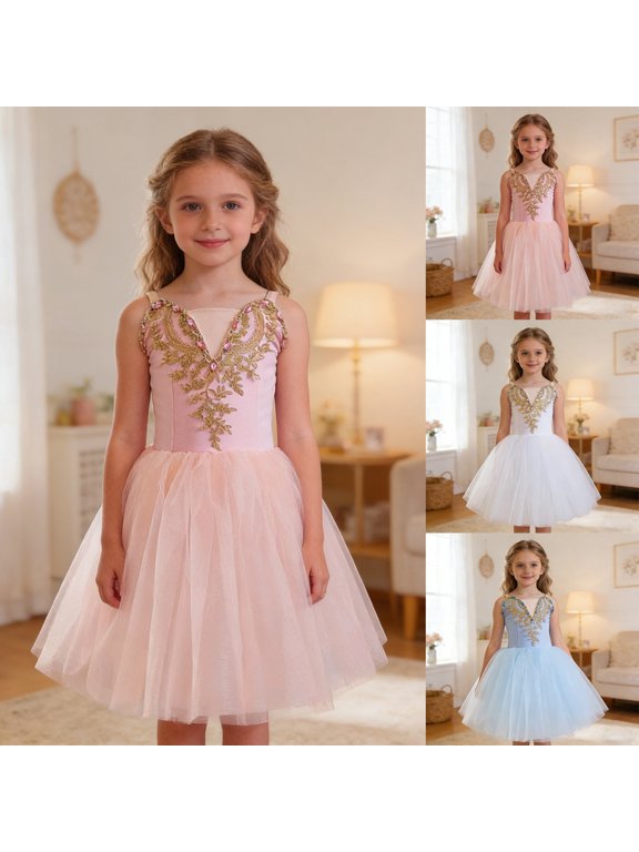 Toddler Girl Flower Girl Dress Short Sleeve Ballet Dance Mesh Princess Dress Stretch Breathable Layered Design Training Performance Casual Outfit Toddler Girl Birthday Dress Blue