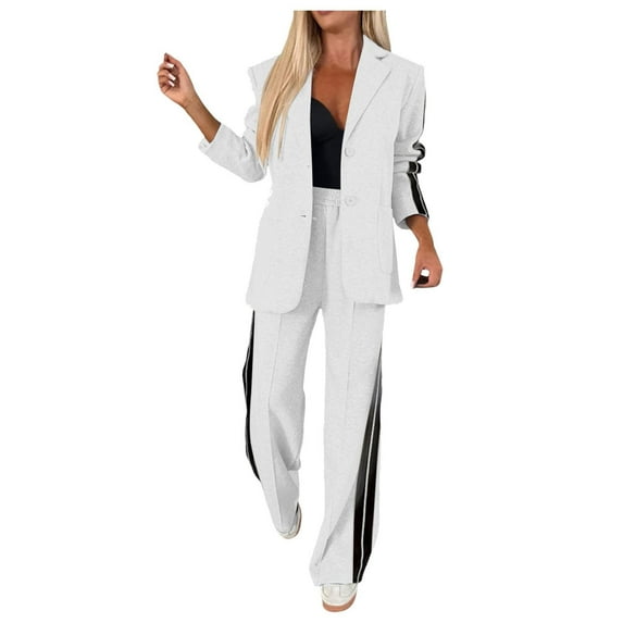 MNCEKFOD Two Piece Pants Set for Women Lapel Long Sleeve Casual Fall Loose Fit Jacket And Wide Leg With Pockets Classic Fit Pants Suit White XL