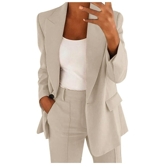 MNCEKFOD Two Piece Pants Set for Women Pants Suit Slim Fit Business Work Lapels Suits Long Sleeved Button Formal Jacket Beige Beige