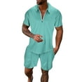 thumbnail image 1 of MNCEKFOD Two Piece Sets for Men Short Sleeve Zipper Collared Shirt Drawstring Waist Shorts With Pocket Casual Tracksuit Set Mint Green XXL, 1 of 8