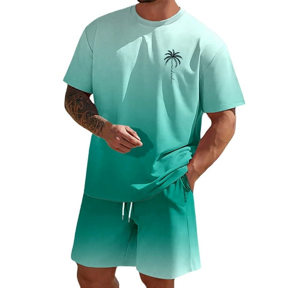 MNCEKFOD Two Piece Shorts Sets for Men Oversized Short Sleeve O Neck GradientAthletic Suit with Comfy Shorts Relax Fit Tracksuit Dark Green XL