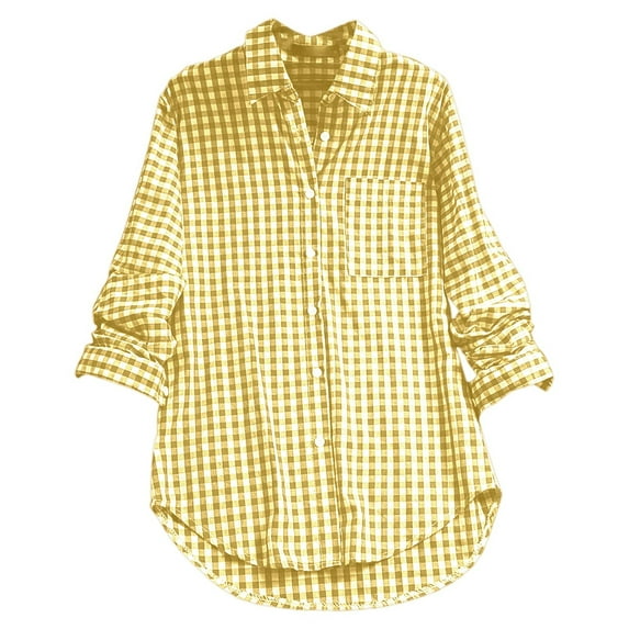MNCEKFOD Women's Button Down Shirt Retro Plaid Collar Long Sleeve Button Up Lapel Shirt Loose Fit Summer Casual Basic Shirts Yellow XXXL