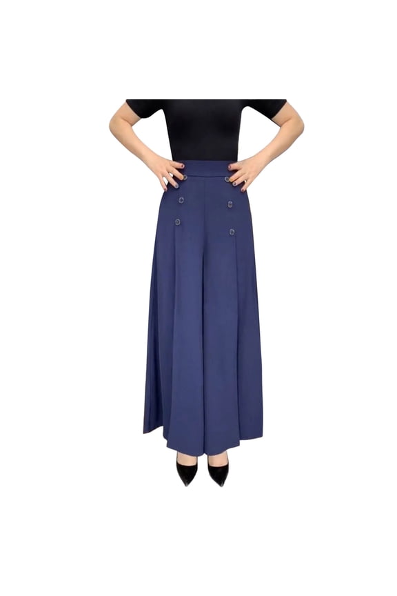 Women's Casual Pnats Flowy Wide Leg Culotte Button Decoration Elastic Waist Loose Fit Regular Size Lounge Trousers Navy XXL