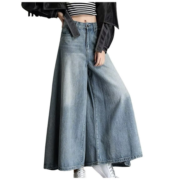MNCEKFOD Women's Casual Pnats Oversized Jeans High Waisted Wide Leg Flared Hem Skirt Pants Washed Wide Leg Modern Fit Leisure Trousers Light Blue XL