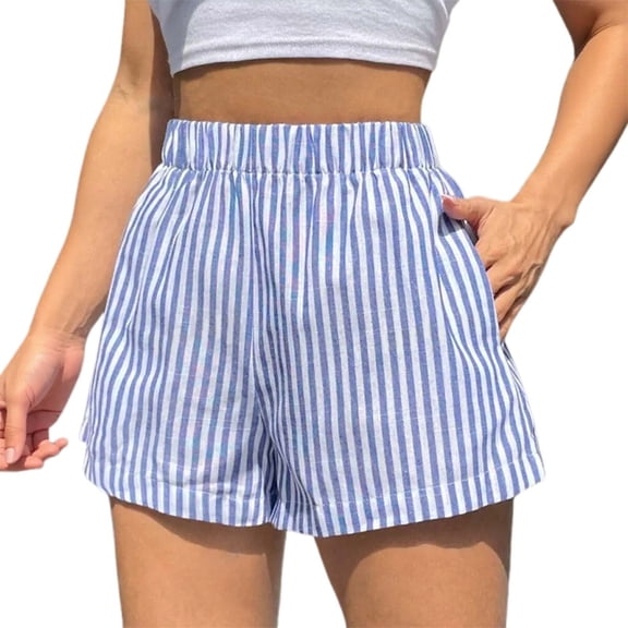 MNCEKFOD Women's Shorts Stylish Vertical Stripe High Waisted Wide Leg for Beach Vacation Lounge Short Pants Blue XL
