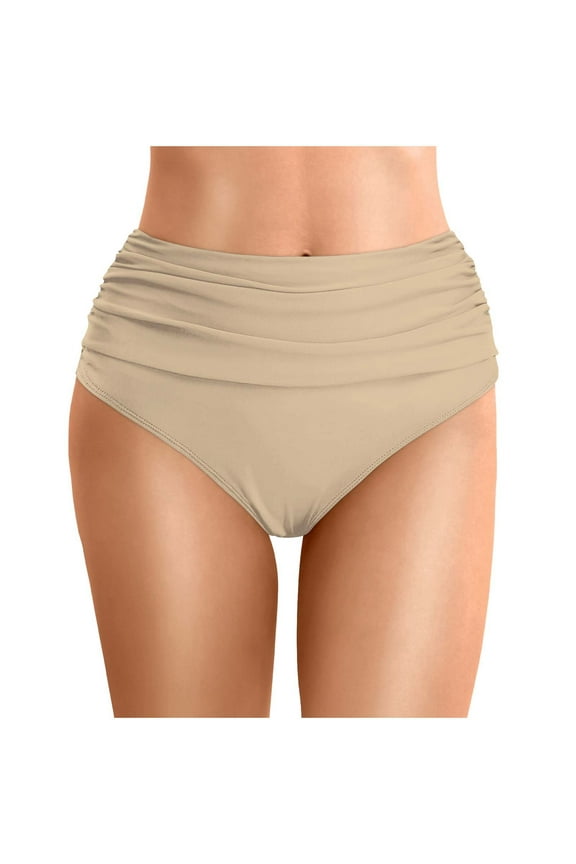 Women's Tummy Control Swim Bottoms Summer Beach High Waist Pleated Swim Trunks Double Layered Triangle Swimsuit Bathing Suit Bottoms Khaki XL