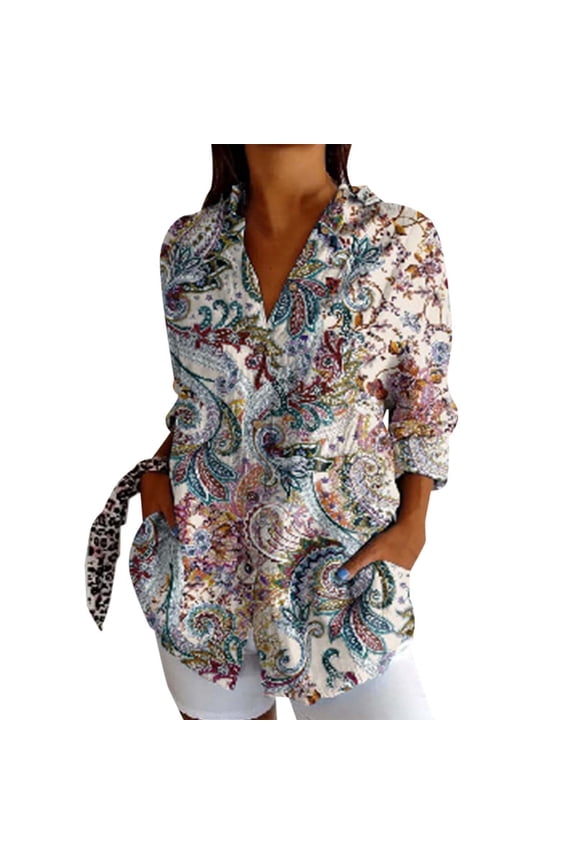 Womens Button Down Shirt Hawaiian Stylish Printed Lapel Shirts Long Sleeves for Beach Vacation Summer Casual Basic Shirts Brown L