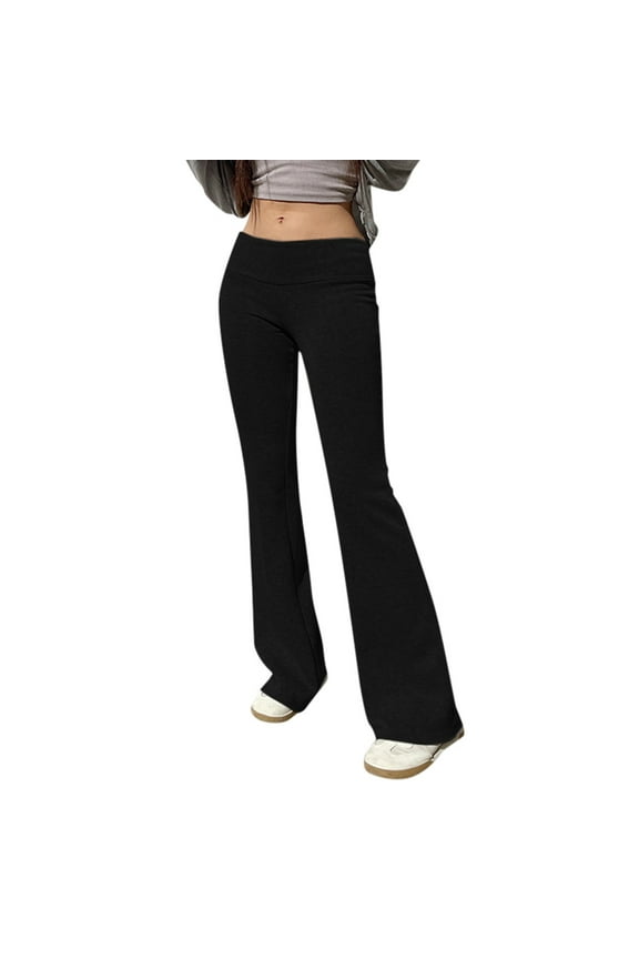 Womens Casual Pants 2025 New Stylish Knitted Flared Pants Low Rise Loose Fit Elastic Waist Yoga Classic Fit Trousers for women Black S