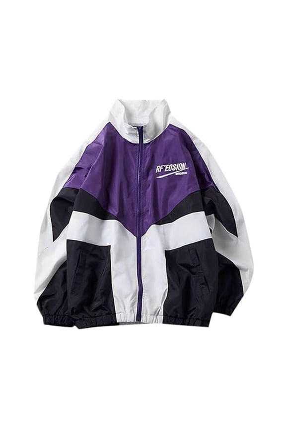 Womens Jackets Retro Streetwear Oversized Jacket With Patchwork Colors Style Casual Sportswear Windbreaker Classic Fit Coats Purple M