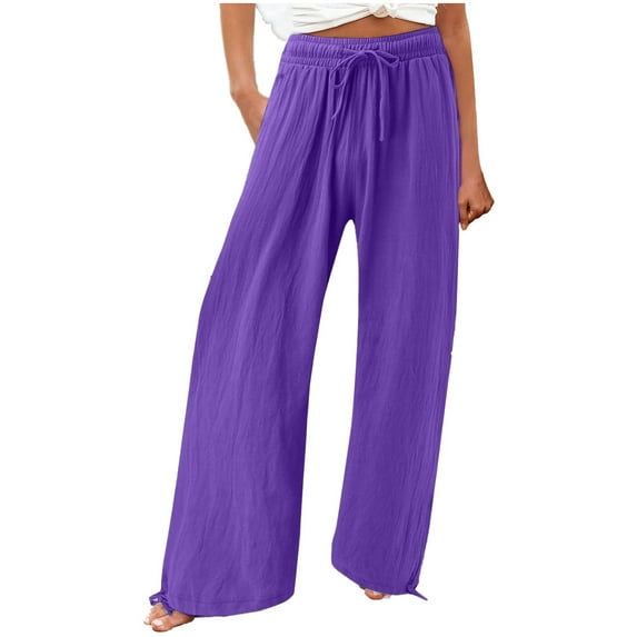 MNCEKFOD Womens Jeans Flowy Wide Leg Culottes with Pockets Drawstring Elastic Waist Loose Relaxed Fit Comfortable Trousers Purple XL