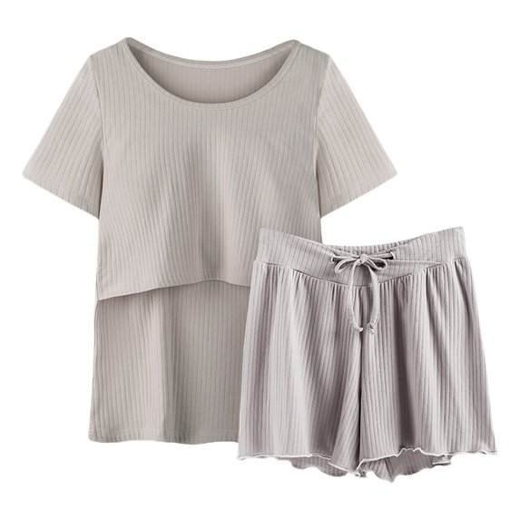 MNCEKFOD Womens Jeans Shorts Maternity Pleated Pajamas Suits Short Sleeve Sleepwear Nursing Tops with Lounge Short Pants Grey M