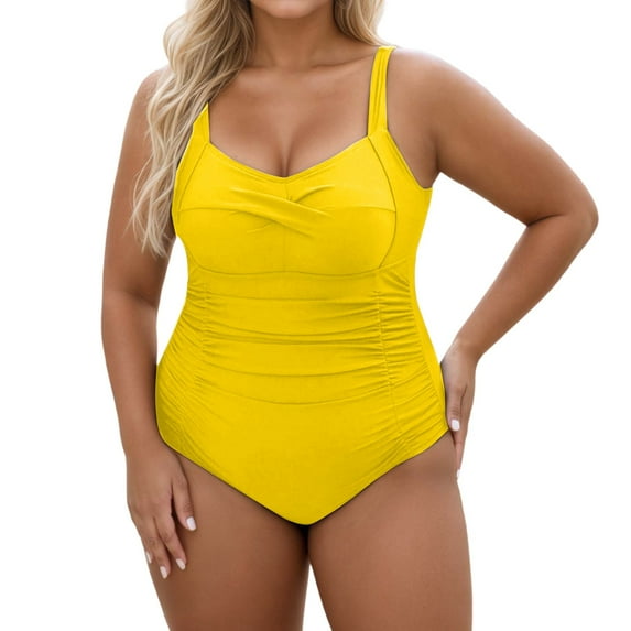 MNCEKFOD Womens One Piece Swimsuits Plus Size Swimwear Monokini Push Up Bathing Suit for Deep U Neck Summer Beach Vacation Yellow XXL